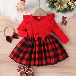 Baby Girls Bowknot Dress Toddler Autumn Long Sleeve Plaid Print Red Princess Dress Christmas Kids Party Casual Dresses Vestidos