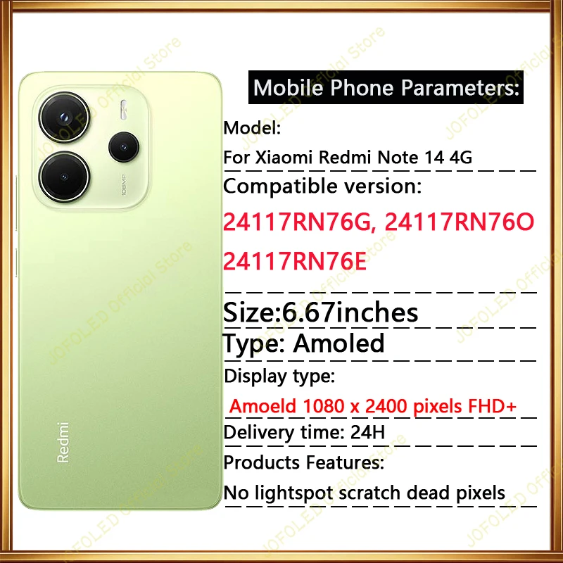 AMOLED For Xiaomi Redmi Note 14 4G 5G 24117RN76G 24117RN76O LCD Display Touch Screen Digitizer Assembly LCD Parts