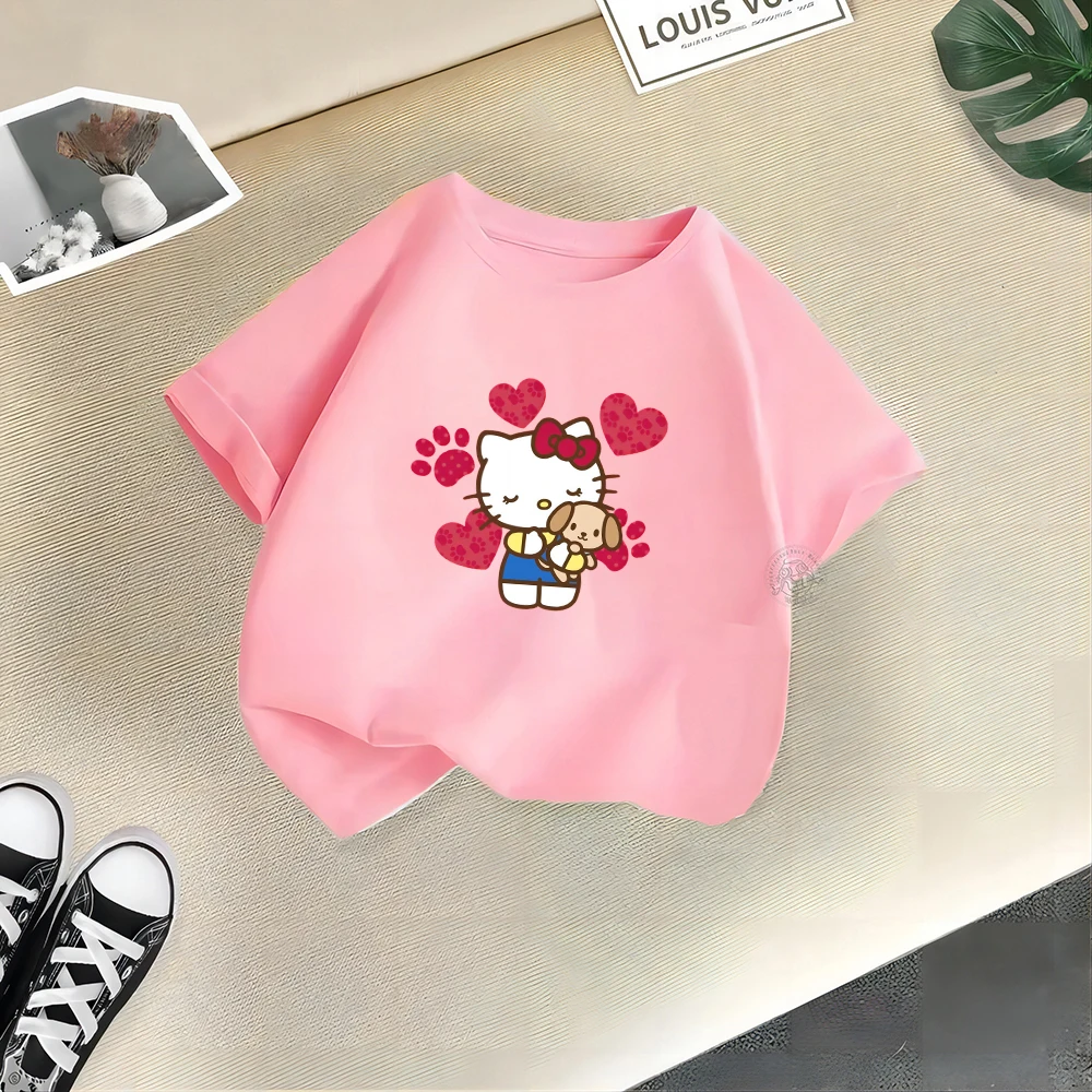 Cute girl Sanrio Clothing Summer Fashion Hello Kitty Cotton T-shirt Baby Girl Playful cartoon comfortable casual crewneck T-shir