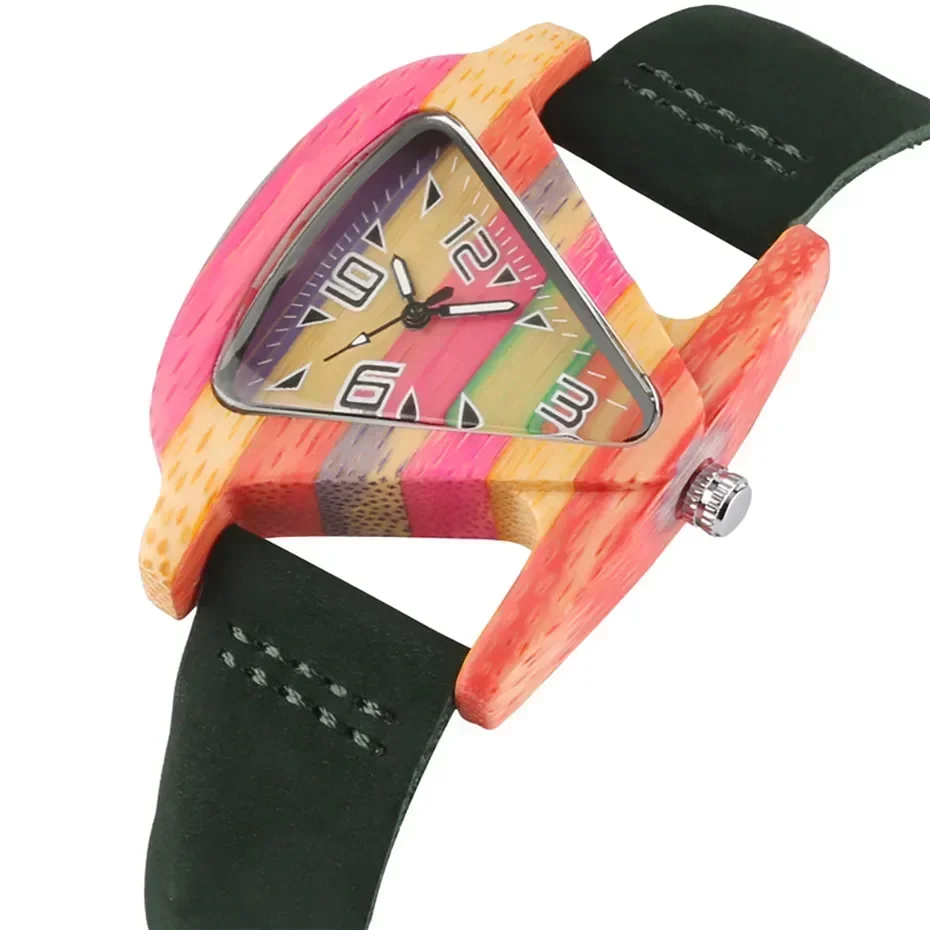 Montre Triangle en Bois pour Femme, Unique, Créative, Colorée, Vert/Rouge, Montre-Bracelet en Cuir group, Élégante, Cadeaux