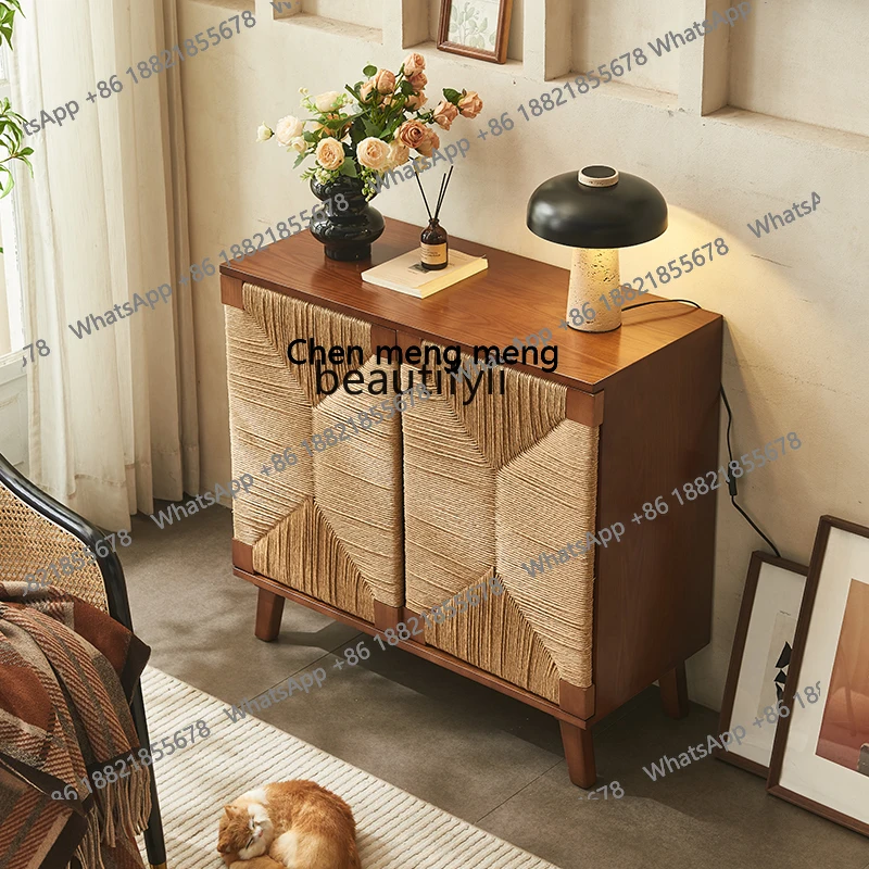 원목 라탄 다이닝 사이드 캐비닛 일본식 심플 수납장 거실 현관 선반 가정용 차 캐비닛 H