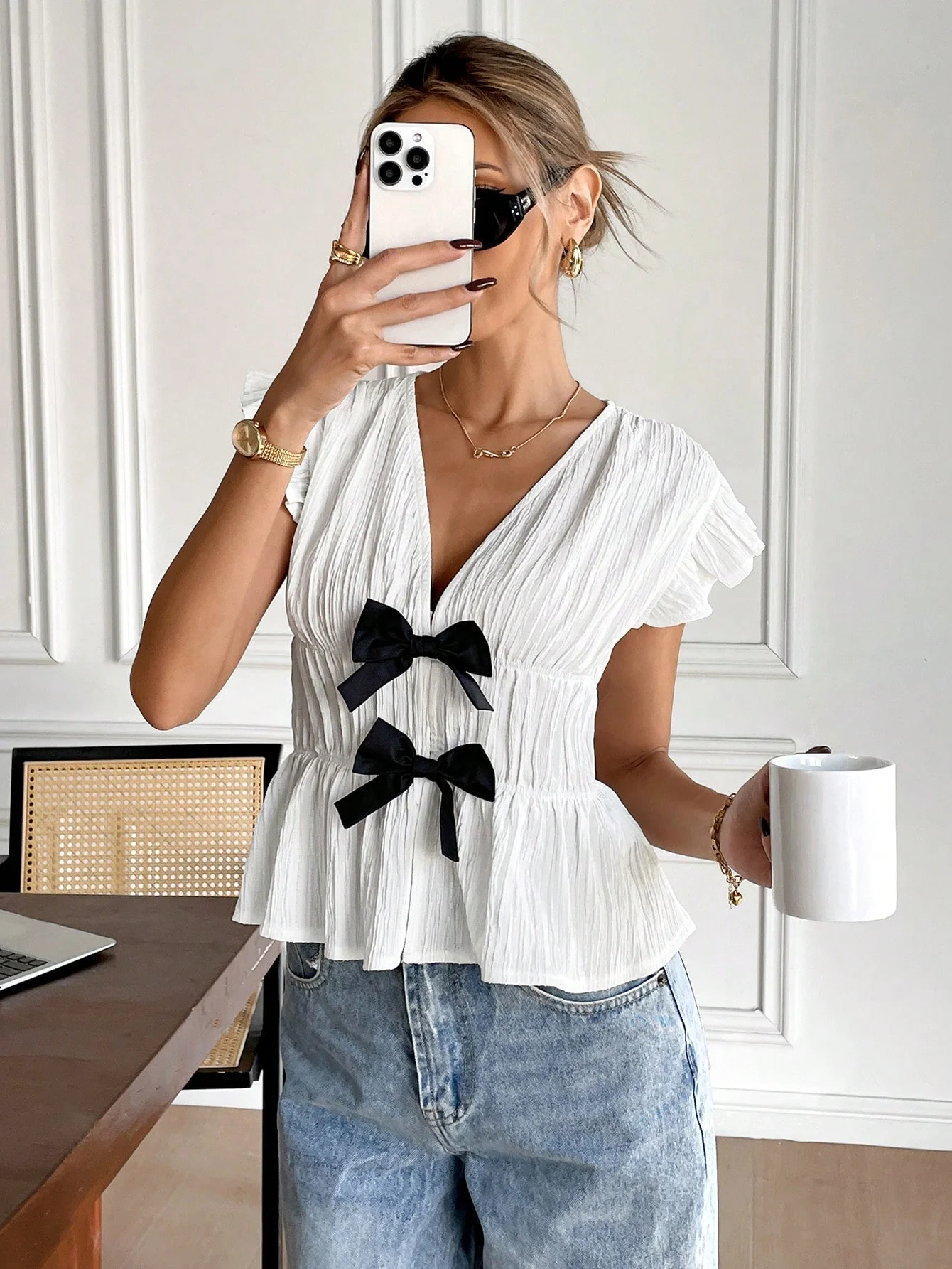 

Summer vacation style European and American short sleeved shirt bow cardigan shirt for women