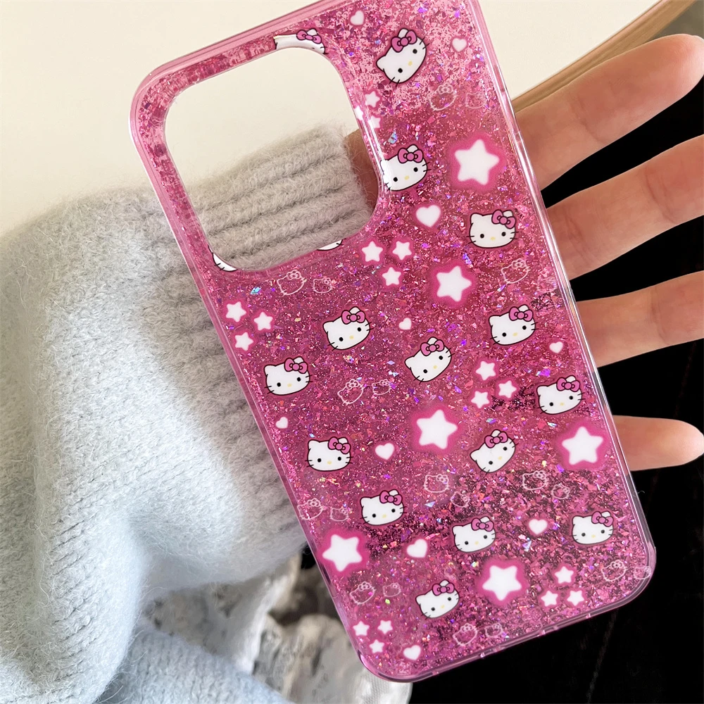 

Блестящий милый чехол для телефона «Hello Kitty» для iPhone 13 14 15 16 Pro Max, противоударный бампер, защитная задняя крышка, блестящие чехлы