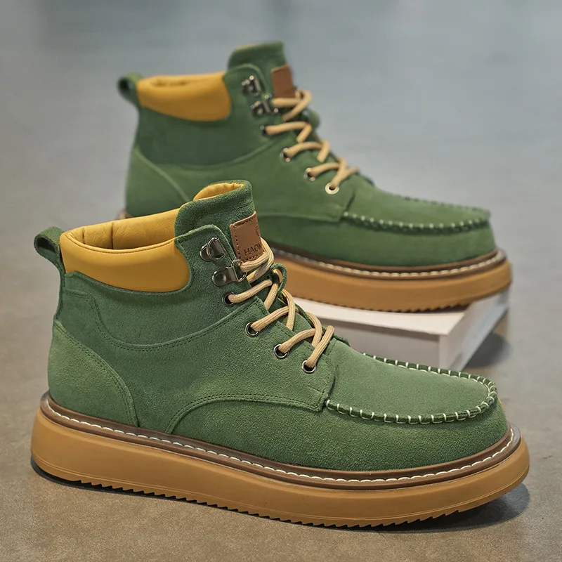 

New Green Suede Men’s Tooling Boots Autumn Platform Ankle Boots Men Comfortable Trend High Top Shoes For Men botas para hombre