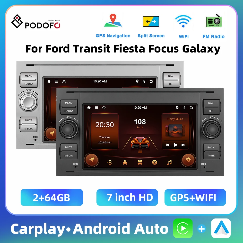 Podofo 2Din 2+64G Car Stereo For Ford Transit Fiesta Focus Galaxy Multimedia Player Carplay Android Auto GPS Navigation WIFI FM