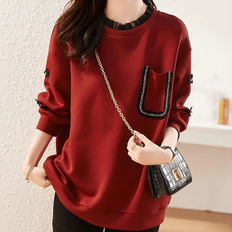 Fashion Beading Gauze Spliced Sweatshirts 2024 Autumn Winter Fake Two Pieces Female Clothing Casual Round Neck Pockets Pullovers