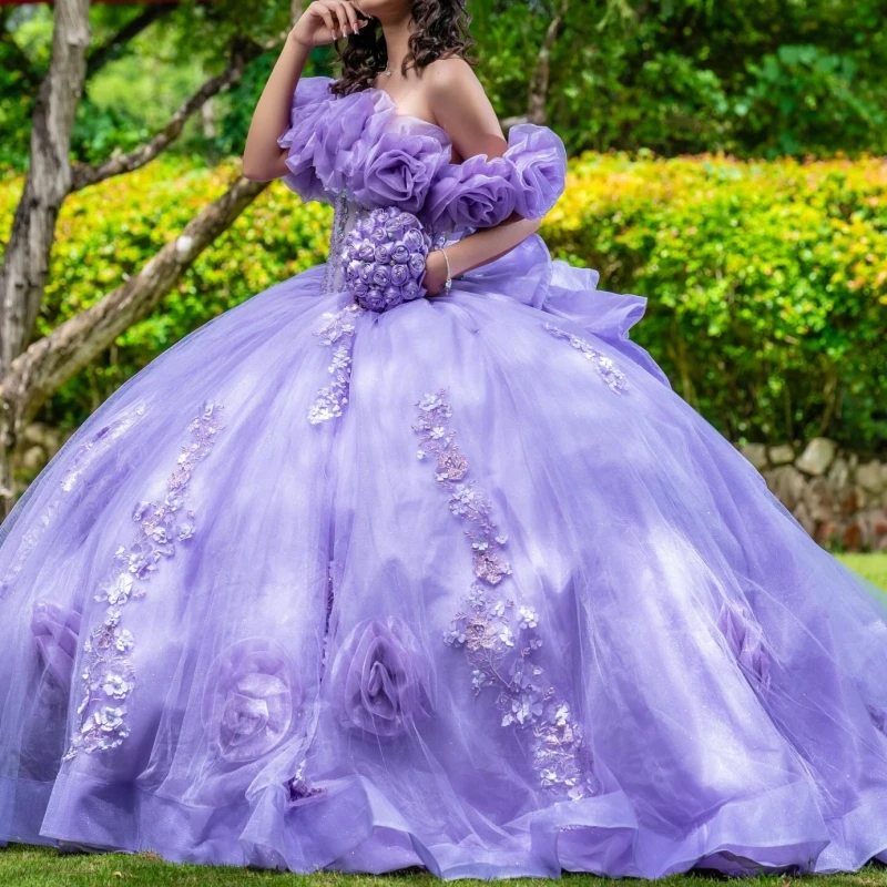 

Лавандовое блестящее платье Quinceanera, бальное платье с открытыми плечами, аппликация, цветок, бисер, хрустальный бант, тюлевой корсет, вечерние, день рождения, Swe