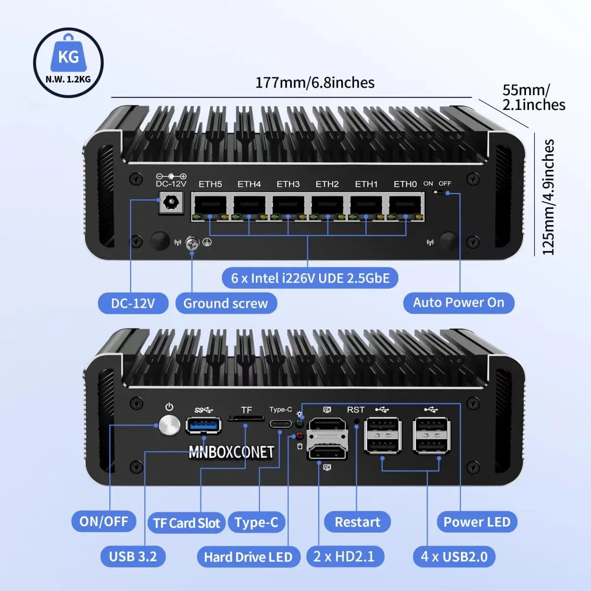 MNBOXCONET 미니 PC N150 N355 방화벽 팬리스, 6x2.5GbE(4x2.5GbE) LAN DDR5 베어본 마이크로 어플라이언스 하드웨어 컴퓨터