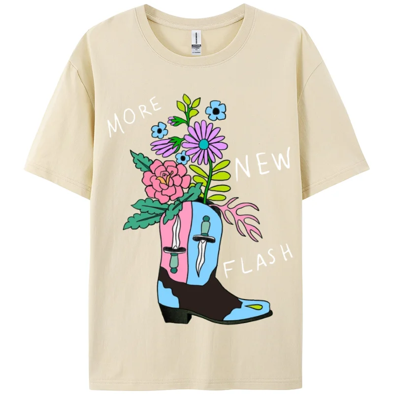 Boots Flower Print Pure Cotton Black T-Shirt Women Loose Stretch Fabric Short Sleeves Funny Fashion Top Unisex Summer Cool Wear