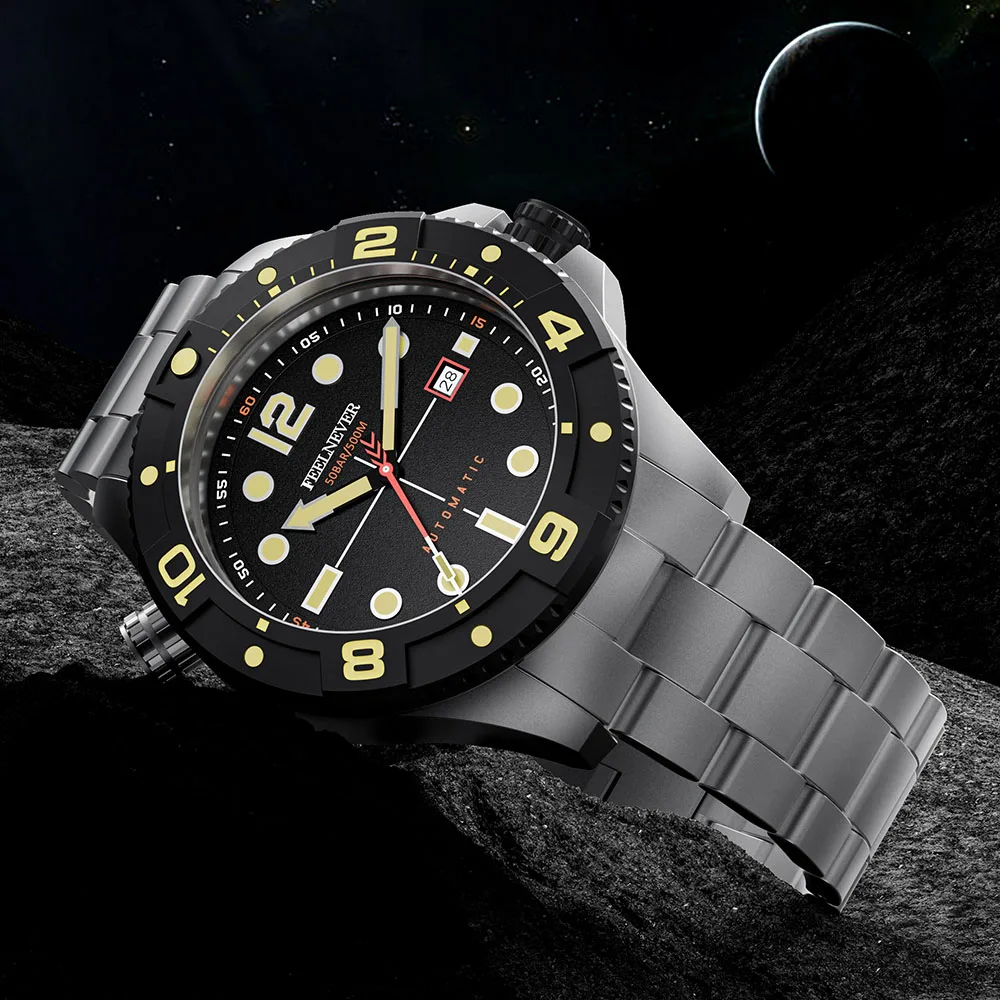 FeelNever Profession Dive Sport Mechanical Watches 316L Stainless Steel Sapphire Crystal 50Bar Auto Date Wristwatch reloj hombre view 2