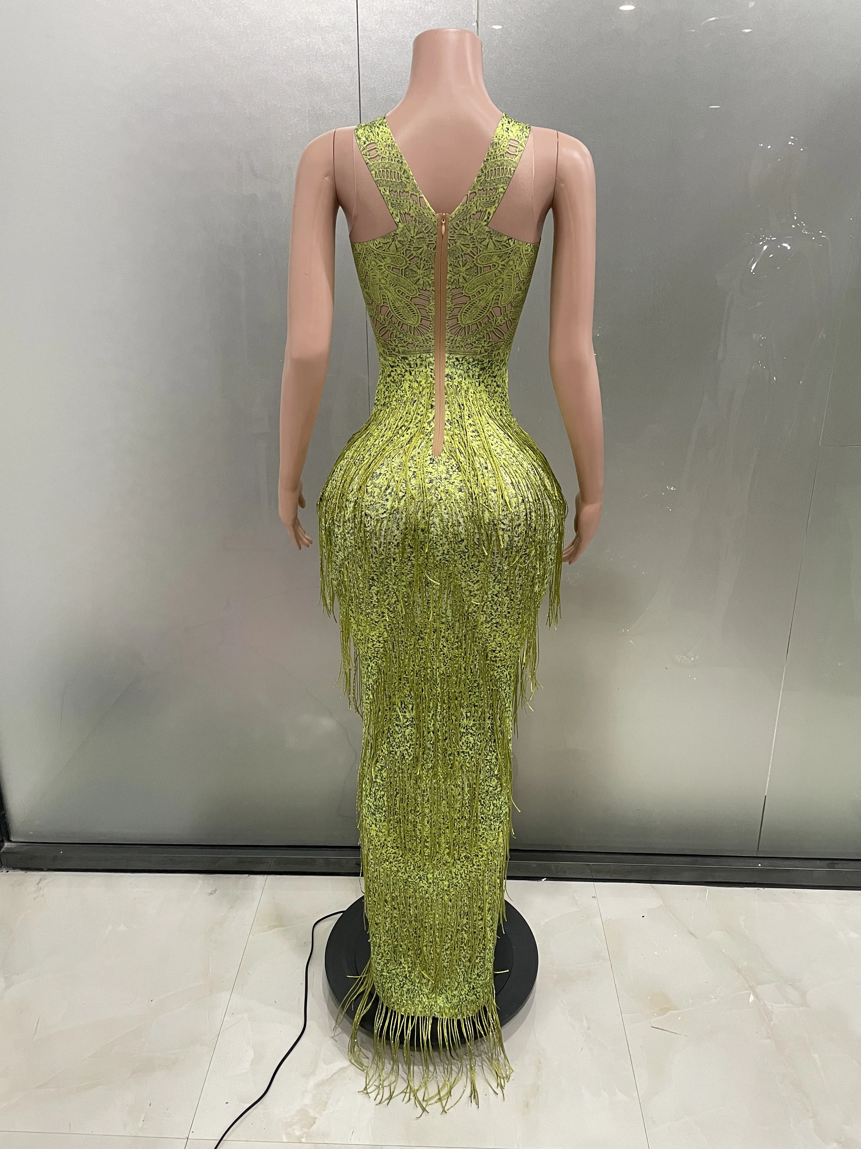 Women Sparkly Rhinestone Green Printing Tassel Sleeveless Sexy Slit Sheath Dress Evening Party Bar Nightclub Dancer Stage Wear