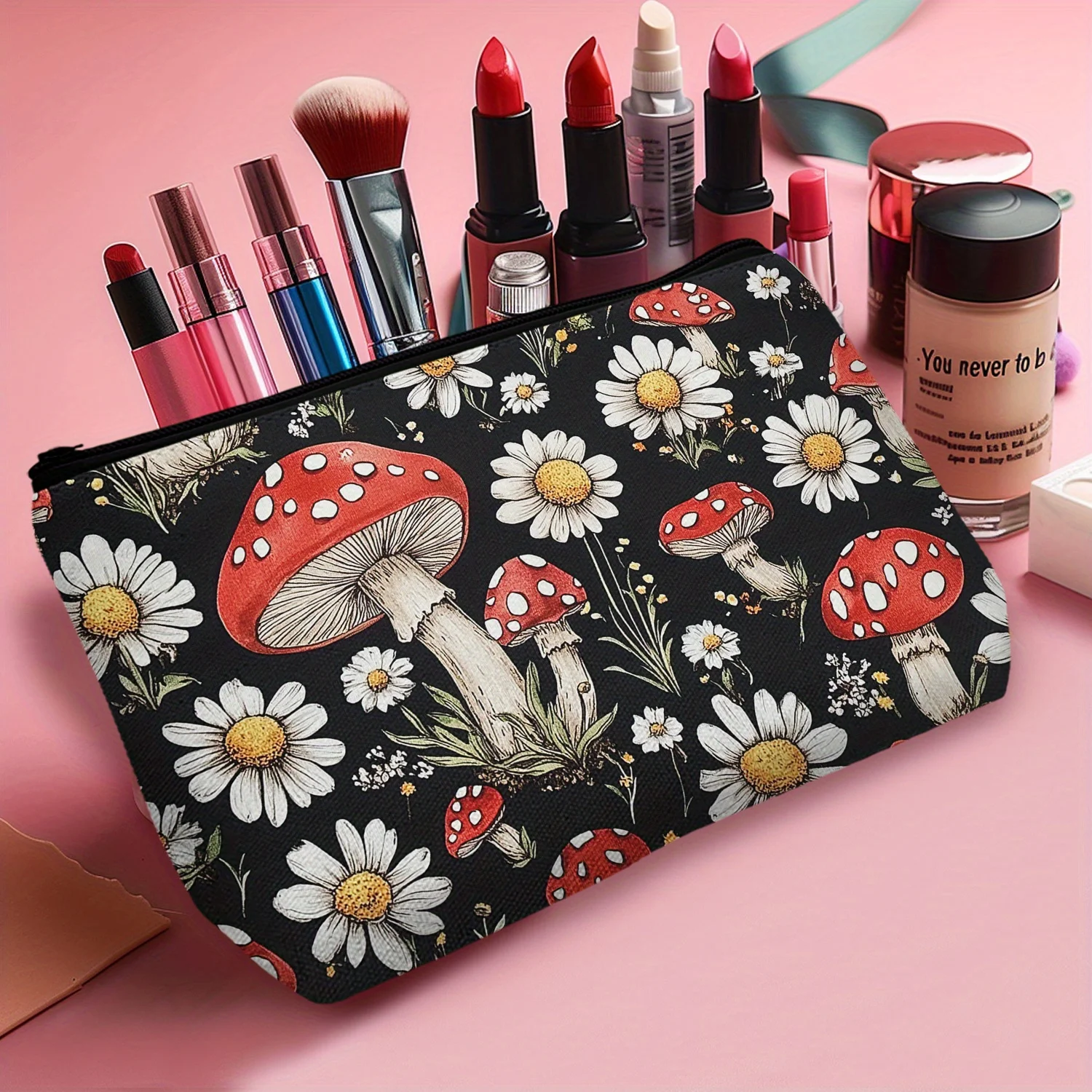 1pc Cute Red Mushroom & Daisy Print Makeup Bag, Casual Style, Polyester, Hand Wash, Ideal Gift for Friends & Sisters