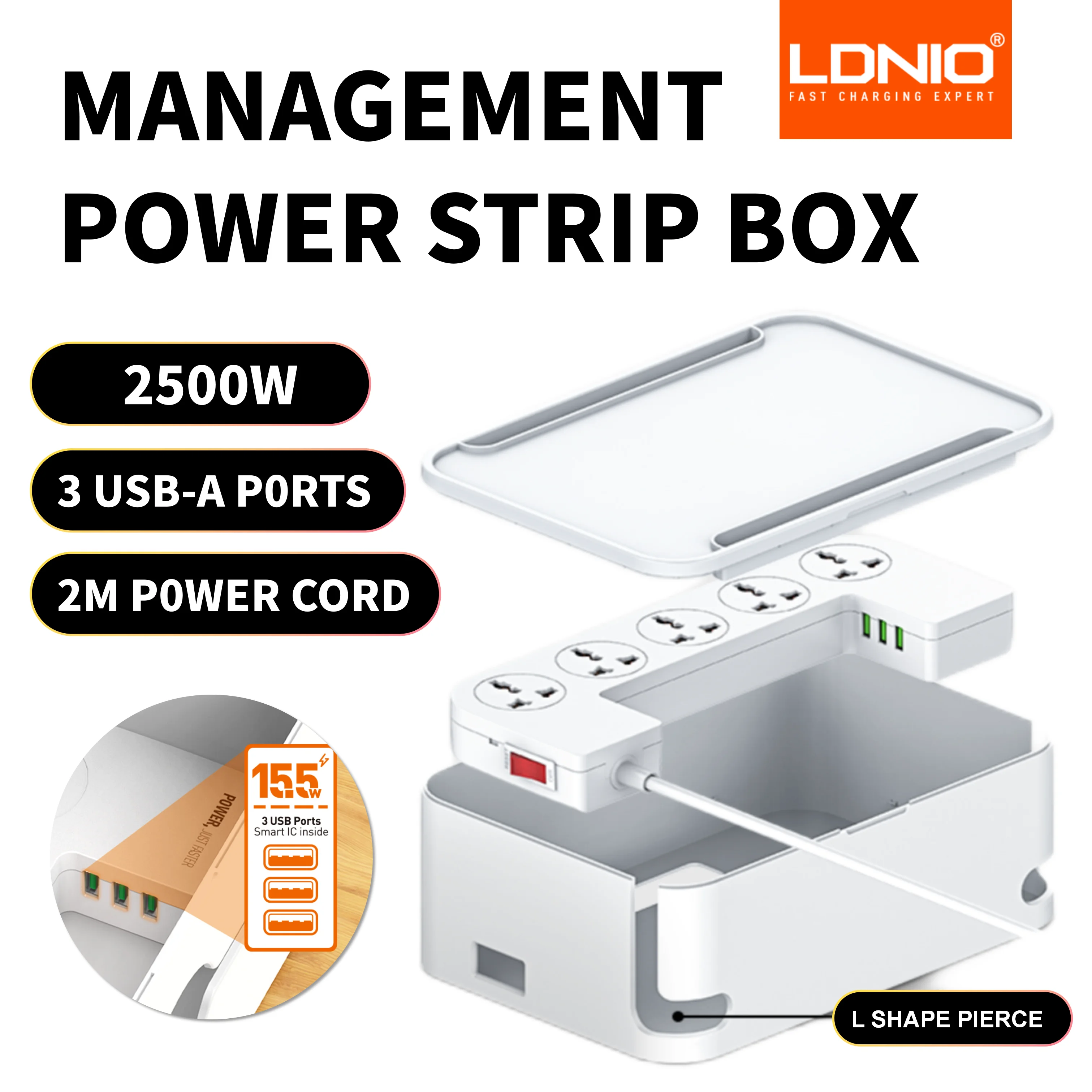 LDNIO Power Strip with Cable Management Box, Redagod Surge Protector 8 Outlets 3 USB Ports with Switch Control Flat Plug E