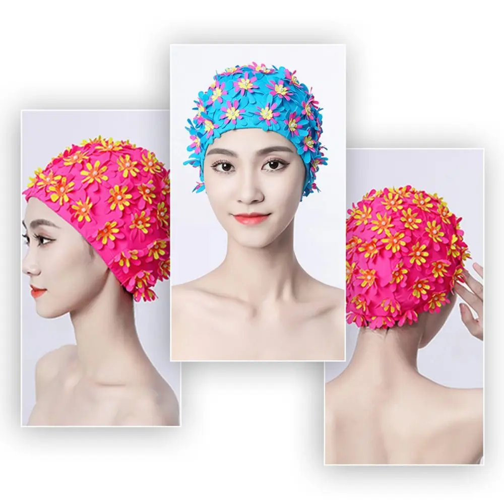 Beach Swimming Cap Pearl Floral Petal Swim Cap Flower Vintage Style Swimming Cap Elastic Lightweight Flower Swimming Cap Women