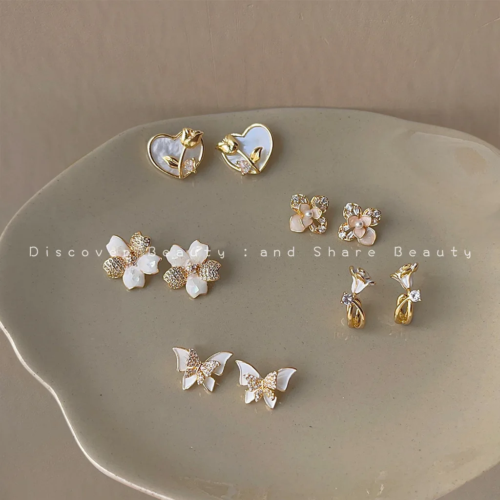 DIY accessories Small fresh and sweet oil-dripping flower stud earrings Korean Mori butterfly zircon earrings niche temperament