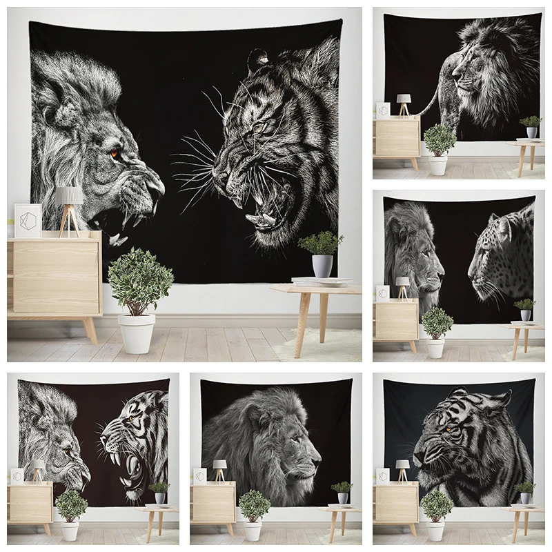 

Home Decor Black Creative Lion Tiger Wildlife Print Tapestry Polyester Wall Hanging Background Fabric tapiz