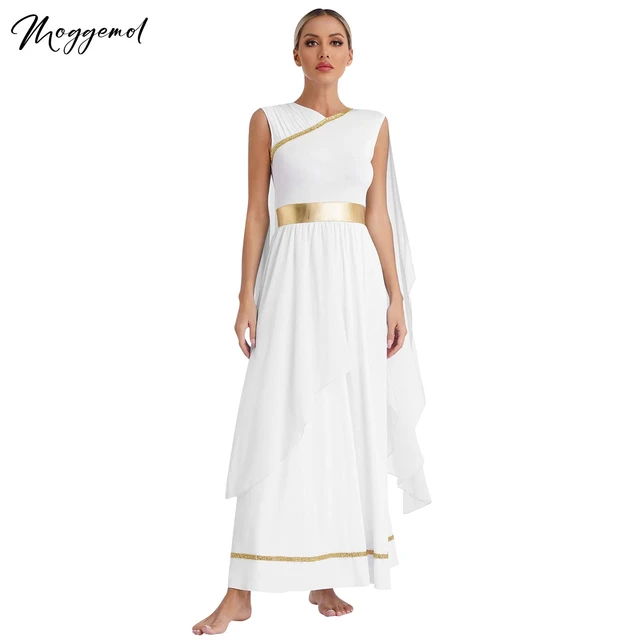 Womens Halloween Greek Deity Cosplay Costume Chiffon Gold Trims Ancient Toga Dress Greece Roman Goddness Queen Role Play Robe AliExpress