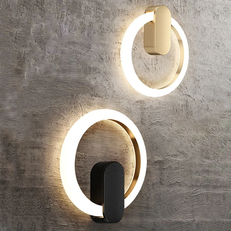 

2022 Modern LED Wall Lamp For Living Room Bedroom Bedside Corridor Aisle Sconce Black Gold Ring Design Decoration Light Fixtures