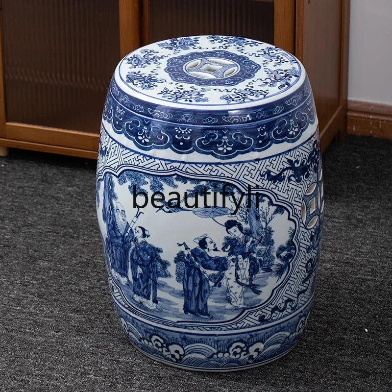 Taburete de tambor de cerámica con personaje de porcelana azul y blanca A15, taburete para cambiar zapatos, taburete de salón de té, taburete de cerámica de carácter antiguo, st chino