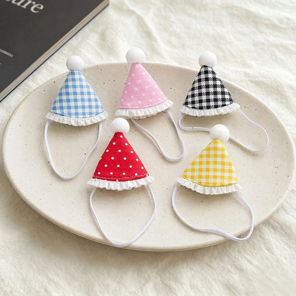 Cute Mini Doll Party Hat With Pom Plaid Cone Birthday Hat Elastic Rope Design For Cotton Doll OB11 OB17 BJD Doll Dress Up