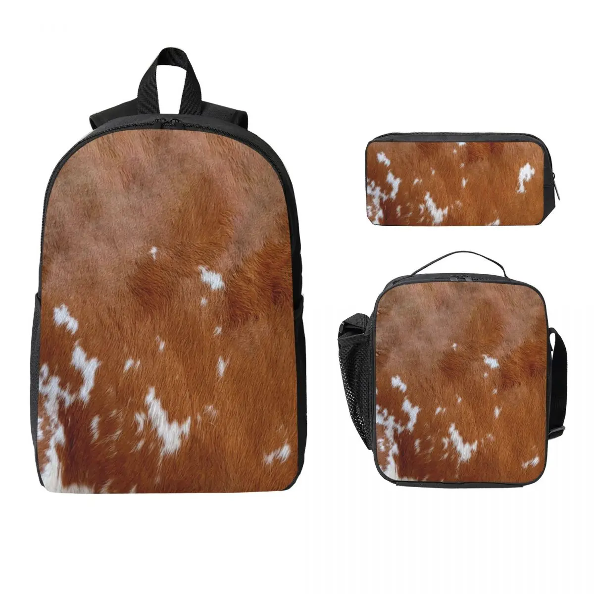 

Stylish Cow Fur Cowhide Texture Cow Skin Backpack Boys Girl BookBag School Bag Shoulder Bags 3ps Insulated Lunch Bag Pencil Case
