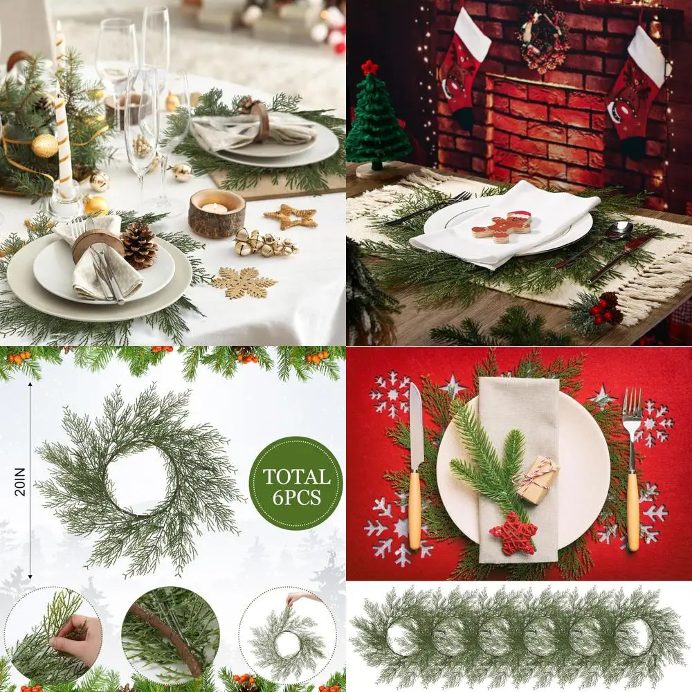 

Set of 6 Christmas Round Placemats with Artificial Greenery, Wreath & Pine Needles for Holiday Table Decor