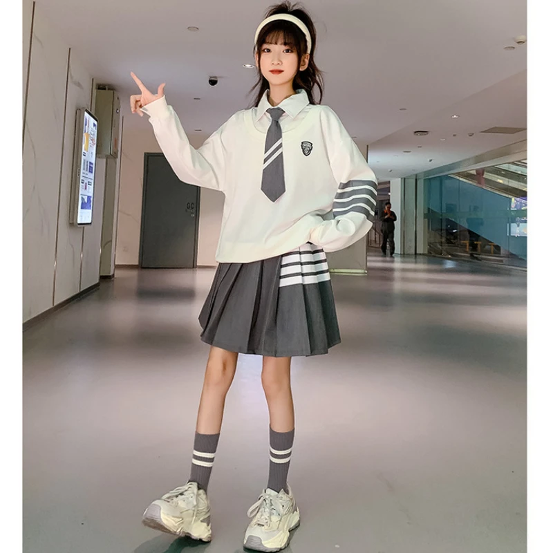 White JK Uniform Girls Autumn Winter long Sleeve Japanese School Uniforms Girls Sailor Sets Pleated Skirt Uniform 4-16Y Costume