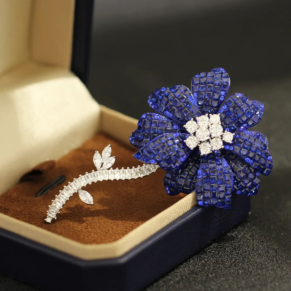 Deep Blue Full Zircon Flower Brooch Sapphire Bouquet Long Lapel Pin for Suit Evening Gown