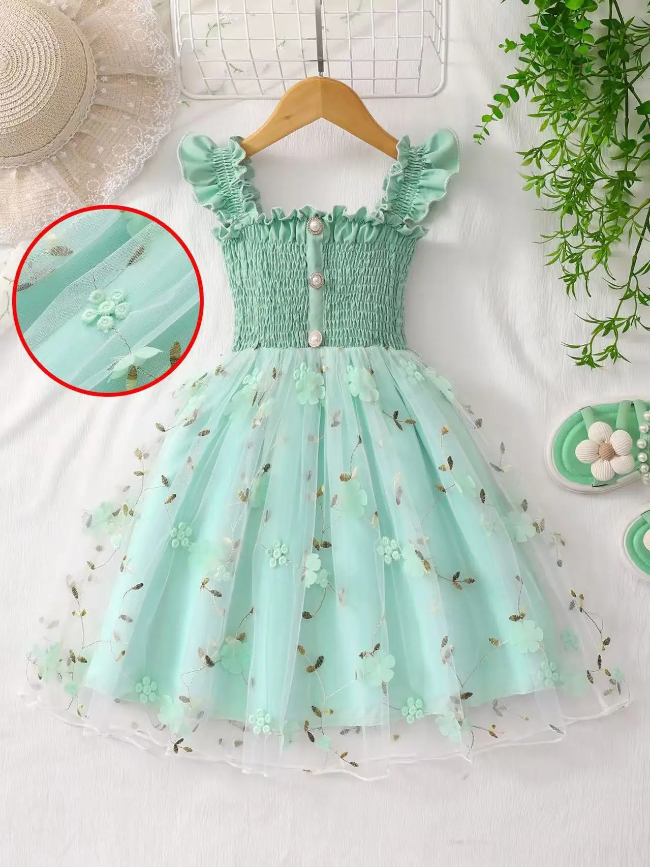Smocked spaghetti Strap Dress for Girls Mesh Splicing Flared Dress for Small & Medium Kids for 4-7Y