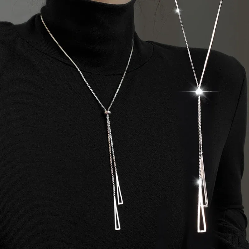 Simple Geometric Metal Long Tassel Sweater Chain Necklace For Women Men Trendy Triangle Sliver Winter Coat Metal Chain Necklaces