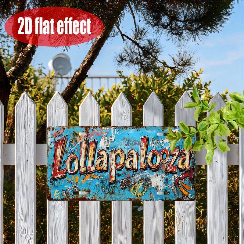 2D Flat, 1pc Vintage Grunge Wall Art Plaque -Retro Metal Sign with Lollapalooza Music Festival Design,Colorful Rock Band Tribute