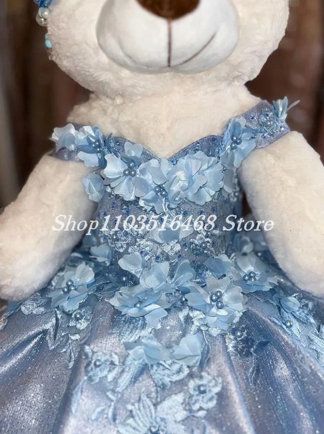 Gaun beruang Teddy Quinceanera pribadi gaun Ruffle tanpa tali biru langit applique bunga halus tautan khusus disesuaikan