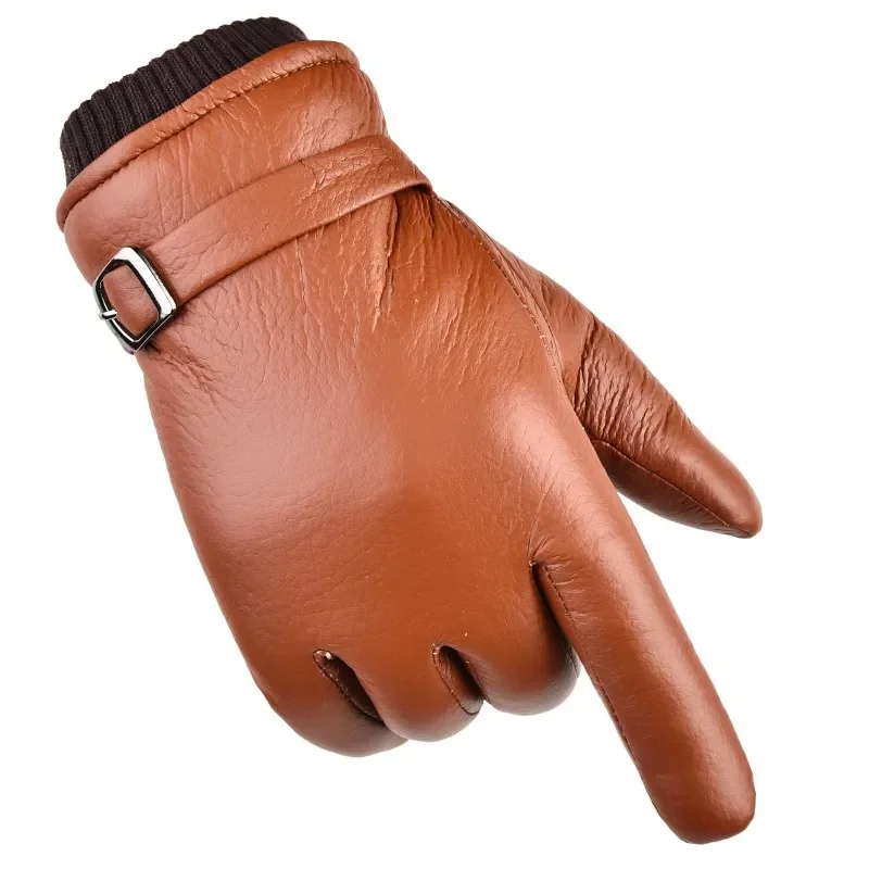 Leather Gloves Men\'S Winter Fleece Outdoor Riding Water Repellent Anti Slip Driving Warm Motorcycle Gloves