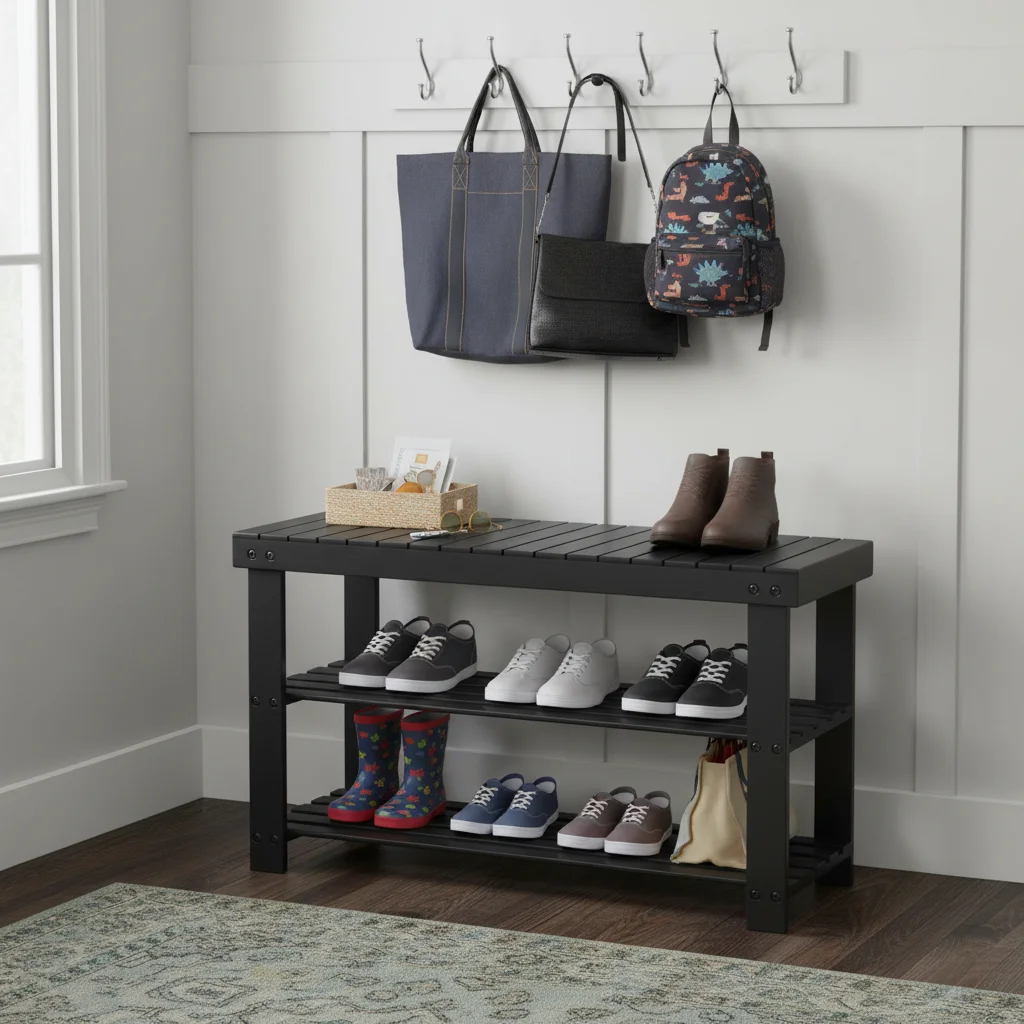 3段シューズラックベンチ、竹製玄関収納オーガナイザー、玄関ドア、寝室、リビングルーム用シューズスタンド、ブラック