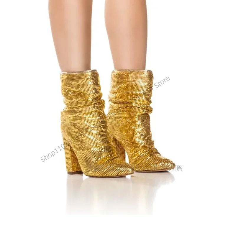

Gold Sequins Decor Mid Calf Pointed Toe Boots Slip On Women Shoes Chunky High Heels Novel Fashion Party 2023 Zapatos Para Mujere