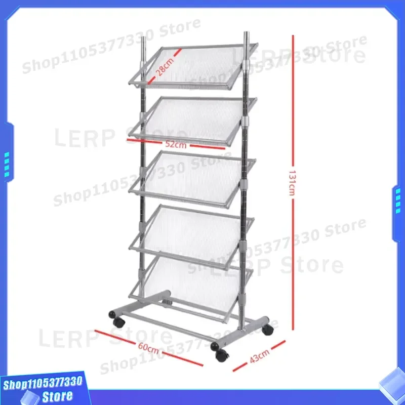 5 Tier Steel Wire File Holder with Wheels Fixed Height Metal Document Organizer for Office Retail Storage Rack Heavy Duty