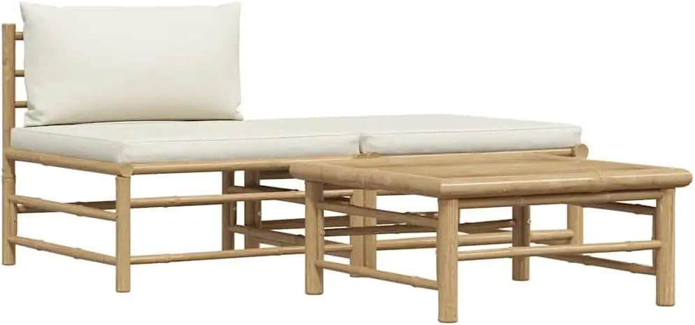 

Комплект для отдыха на открытом воздухе - из бамбука - 3 предмета, включая приставной столик и подставку для ног - кремово-белые подушки - уличная мебель