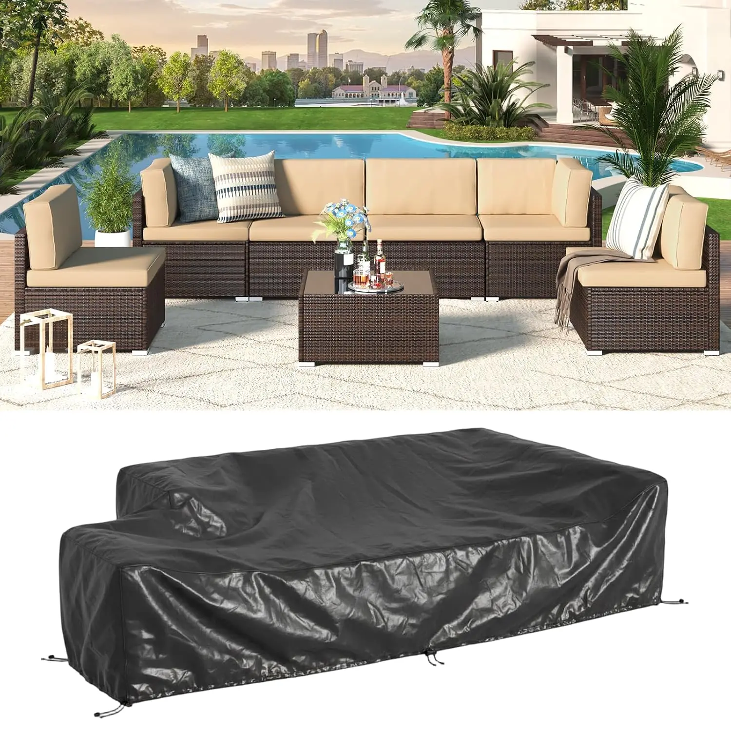 7 PCS Patio Furniture Set with Coffee Table Brown Rattan Wicker Outdoor Garden Conversation Sofa Set, Customized