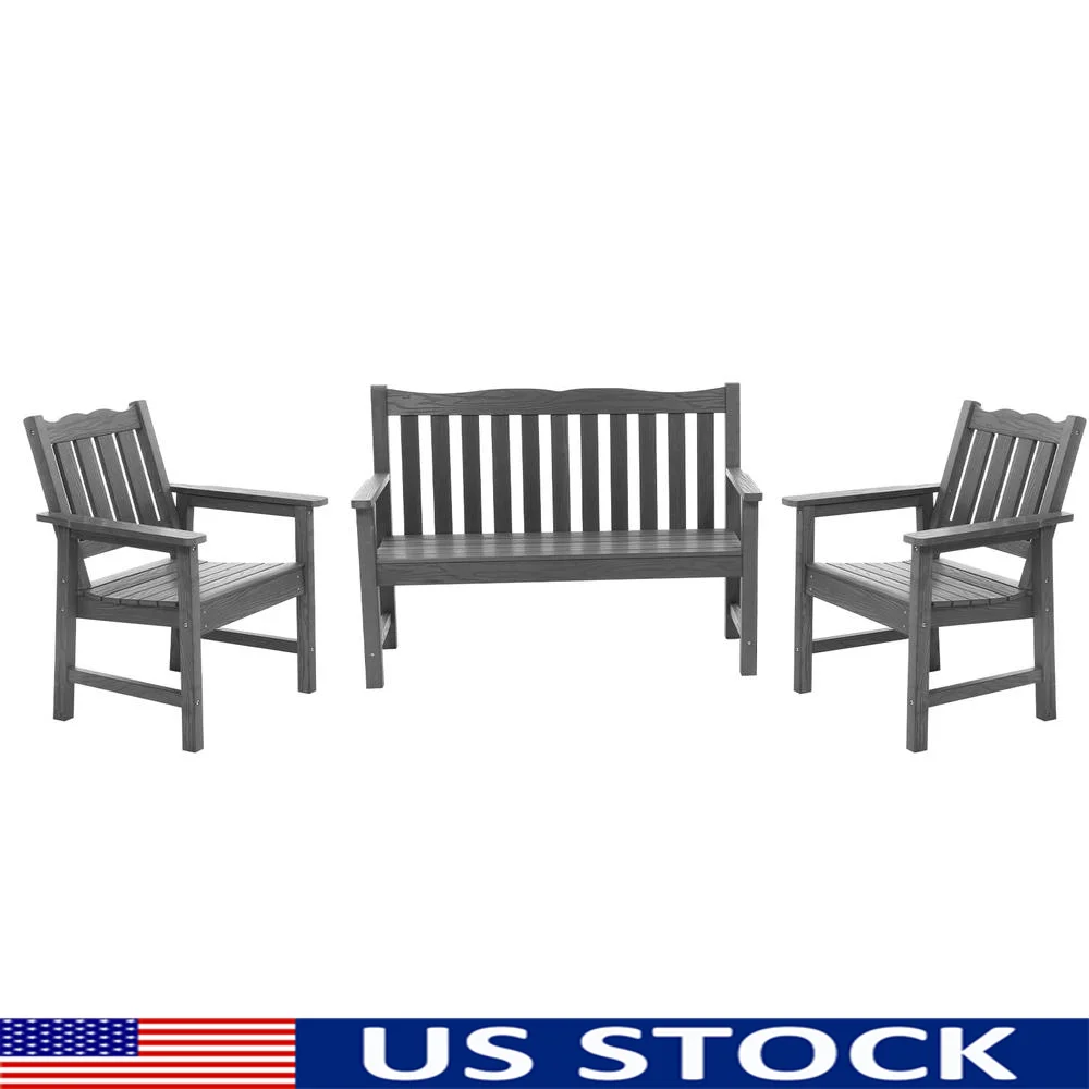

Outdoor Bench & Chairs Set All-Weather Patio Furniture HIPS Material Grey Color Includes 1 Bench & 2 Chairs Premium Stainless