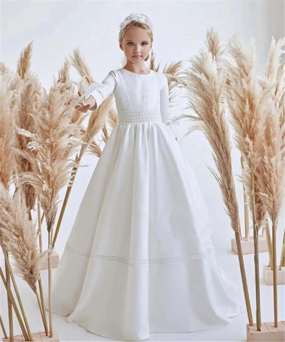 

White Satin Elegant Flower Girl Dress For Wedding Half Sleeve Lace With Bows Ball Gown First Communion Dresses for Girls