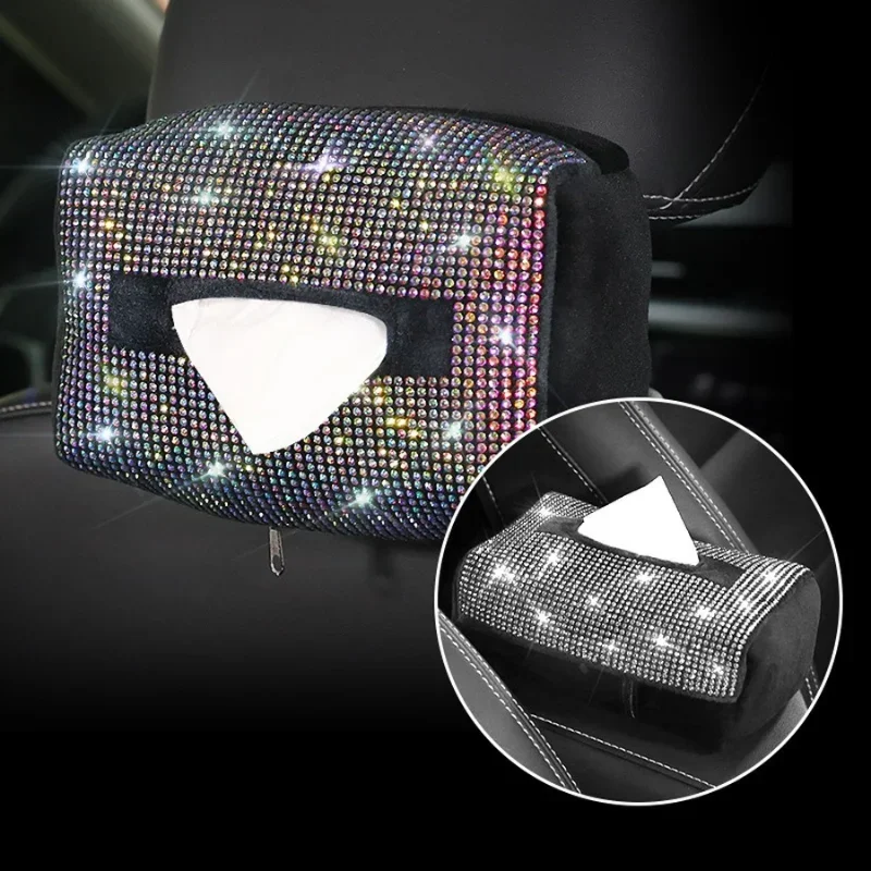 Rhinestone Car Tissue Holder Leather Auto Back Seat Headrest Hanging Tissue Boxes Holder Multi-use Tissue Paper Car Accessories