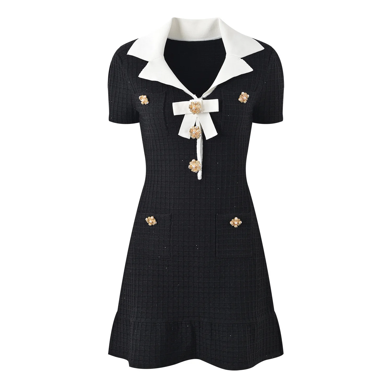 

Quality Summer Fashion Diamonds Bow Beaded Knitting Sweater Dress Women Lapel Collar Black White Mini Short Dresses Lady