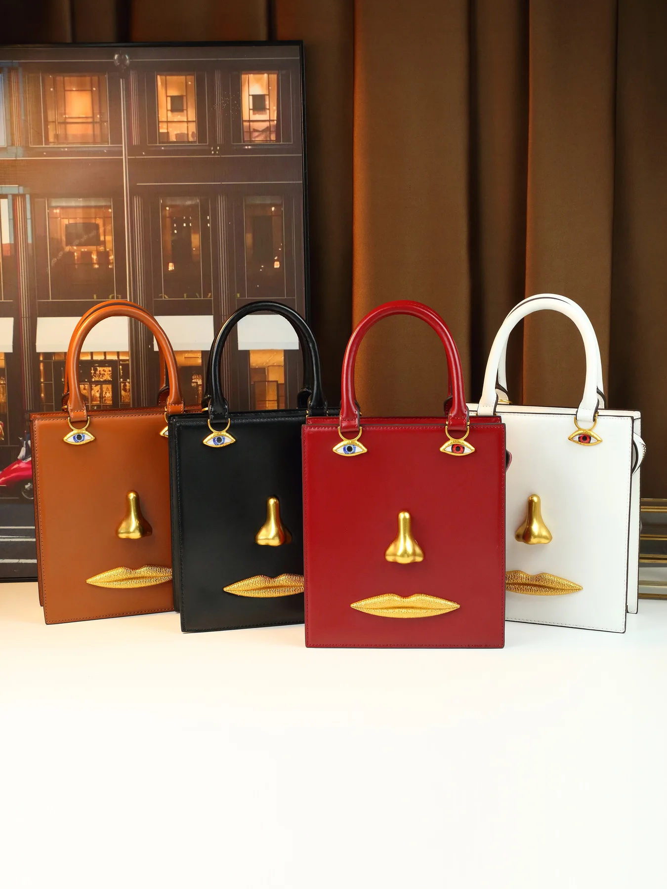 Trendy Niche Art Face Top Handle Bag, 3D Metal Facial Features Vintage Luxury Shoulder Crossbody Bag for Women