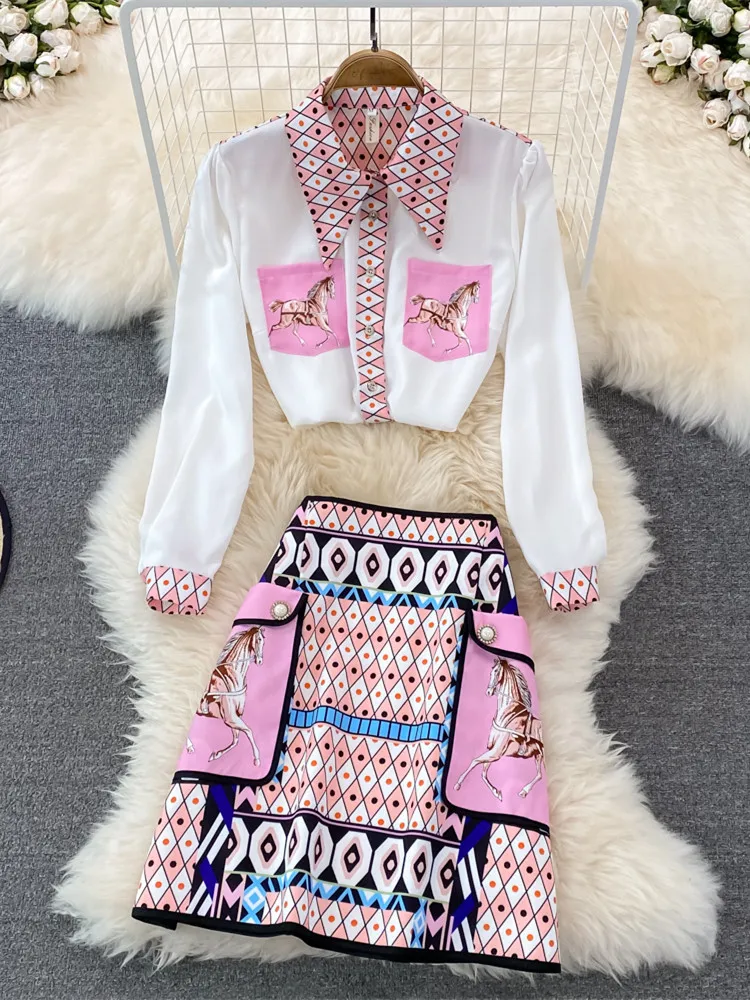 

Guilantu Fashion Runway Summer Skirt Suit Women's Horse Geometry Print Blouse And A Line Pocket Buttons Skirt 2 Two Piece Set