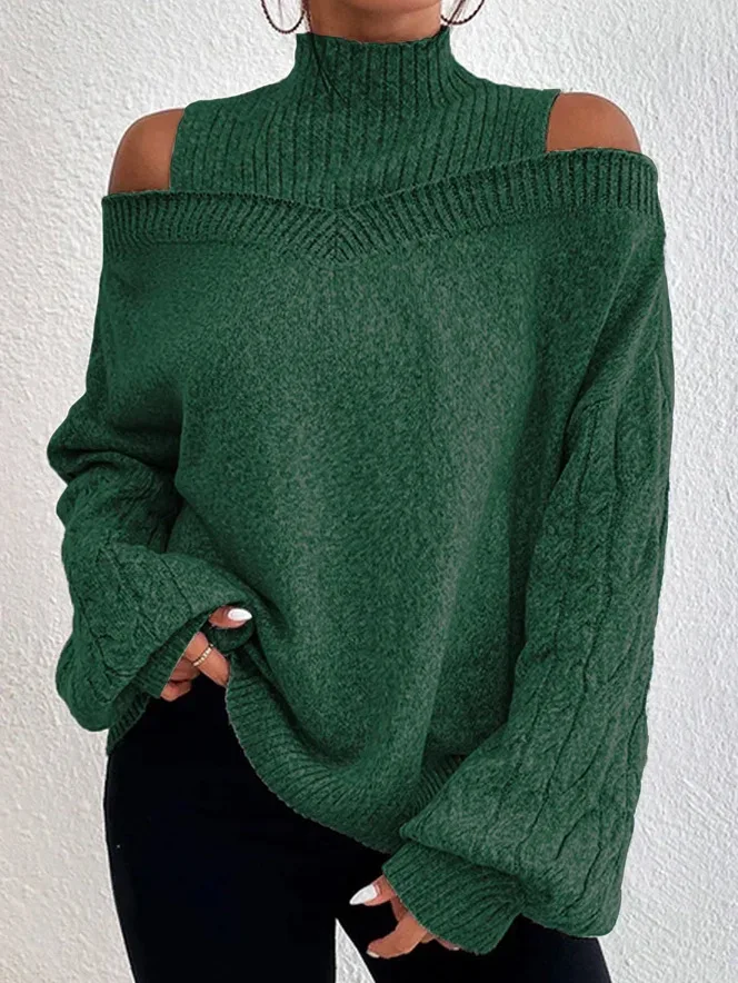 Turtleneck Knitted Sweater Women Off Shoulder Pullovers Autumn Winter Warm Thick Warm Jumpers Gray Hollow Out Y2k E-girl Jumper