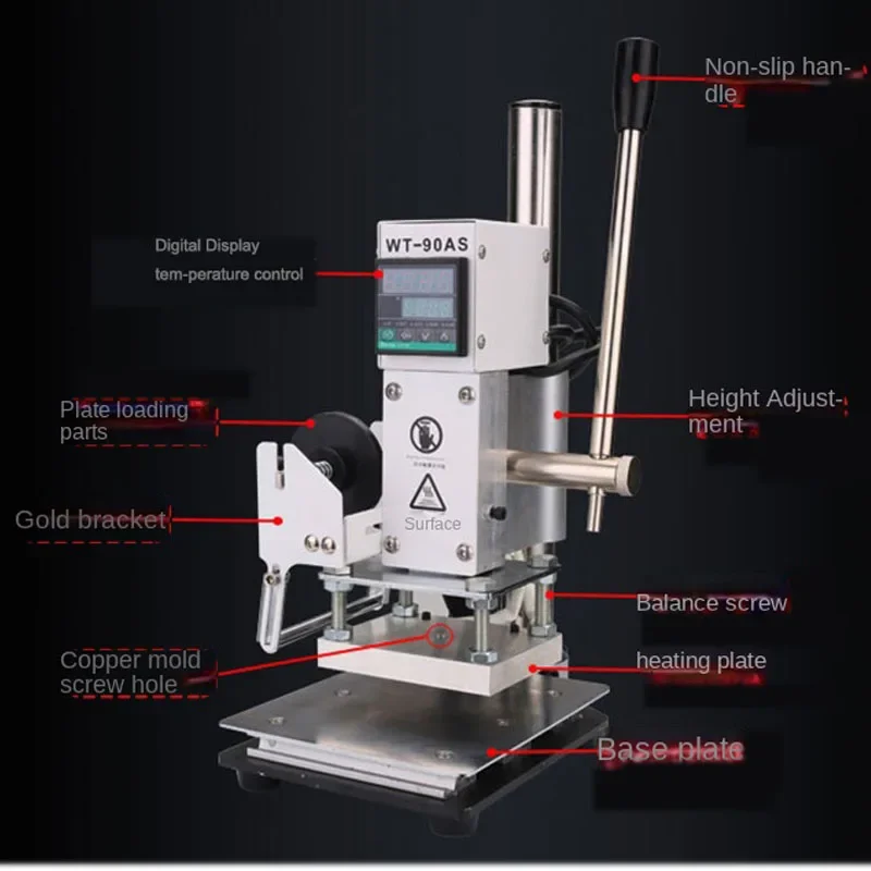 Máquina de estampado en caliente Manual de WT-90AS, máquina de grabado de marca comercial de cuero, hendidura de marca