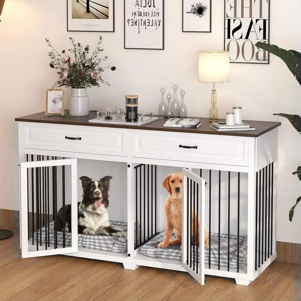 

Double-Room 72 Sturdy Wooden Dog Crate with Removable Divider, Luxury Indoor Kennel for Large Dogs, White
