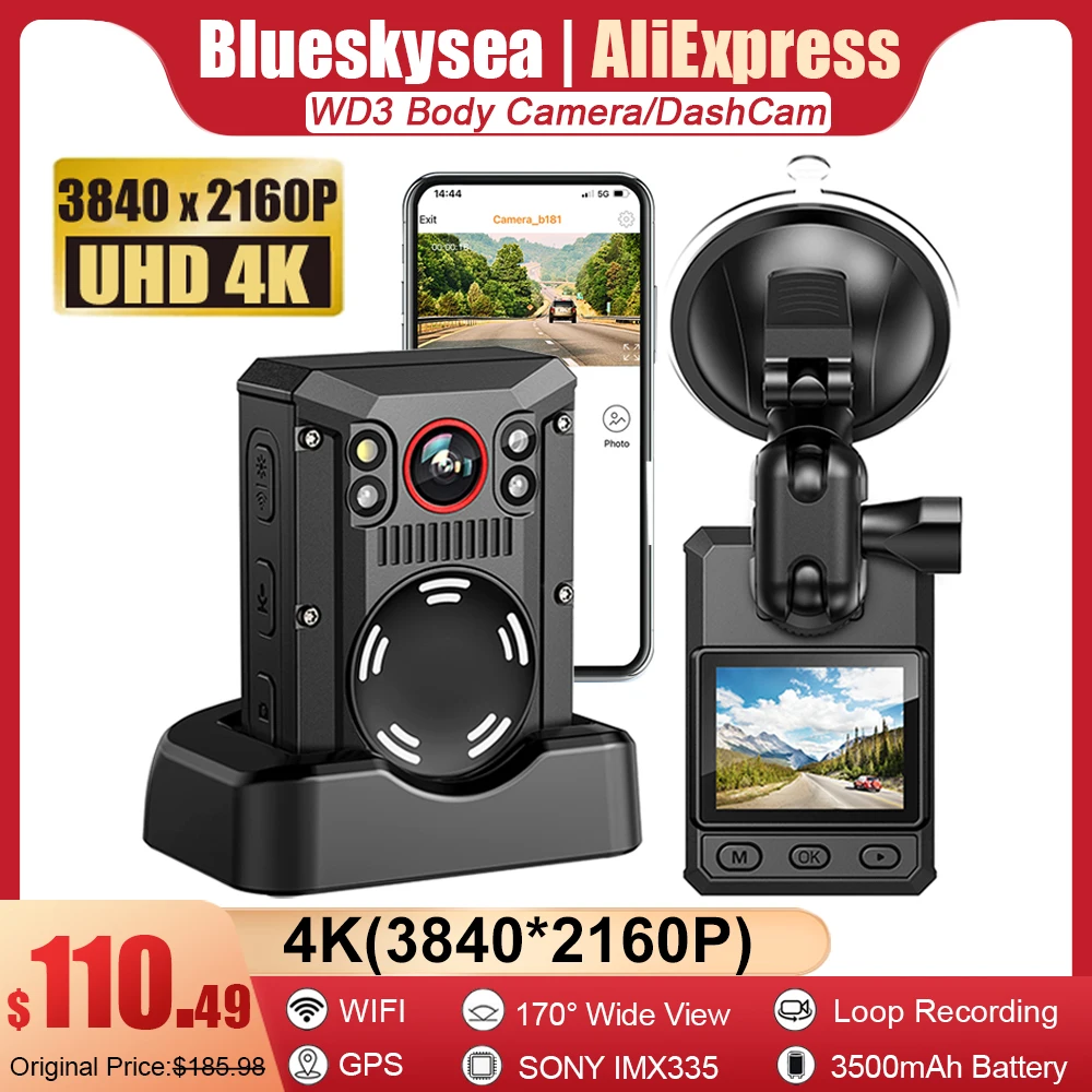 Blueskysea 4K Dash Cam Body Camera 3500mAh Battery with 11 Hours Recording WiFi Mini Camera with GPS Bodycam Police 170° View