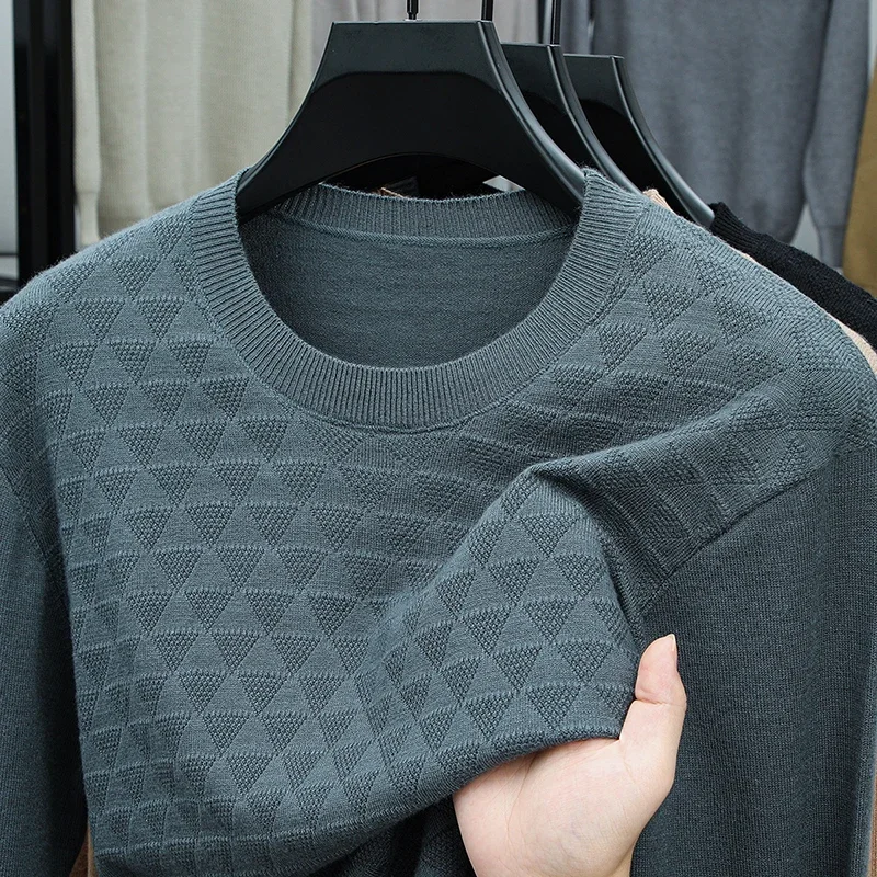 

Quality Luxury Men's O-Neck Jacquard Hoodie Knitted Shirt Spring Autumn New Solid Color Long Sleeve Sweater Versatile Menswear