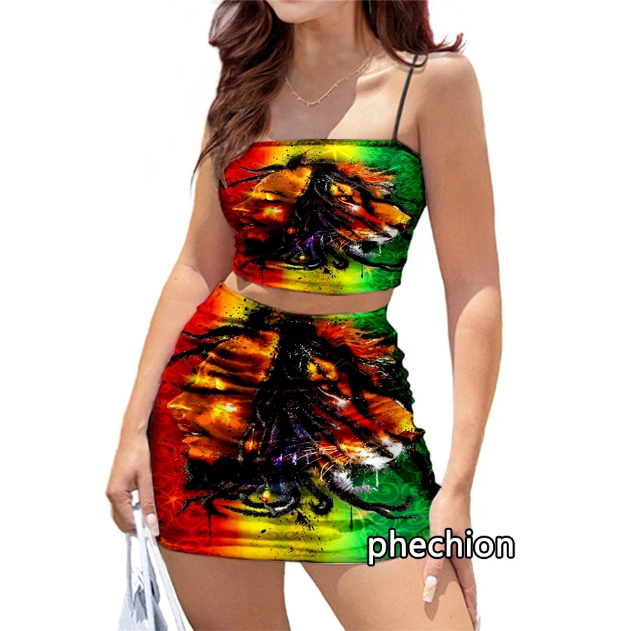 

phechion New Bob Marley Art 3D Print Women Club Outfits Sexy Sling Tube Tops and Short Bodycon Dress 2pcs Dress Sets R04